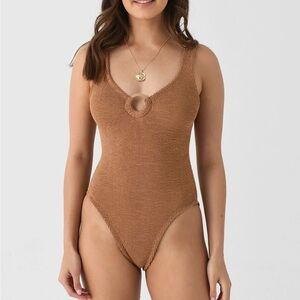 New Hunza G Celine Swimsuit Metallic Cocoa Tan Loop Crinkle One Size Bikini